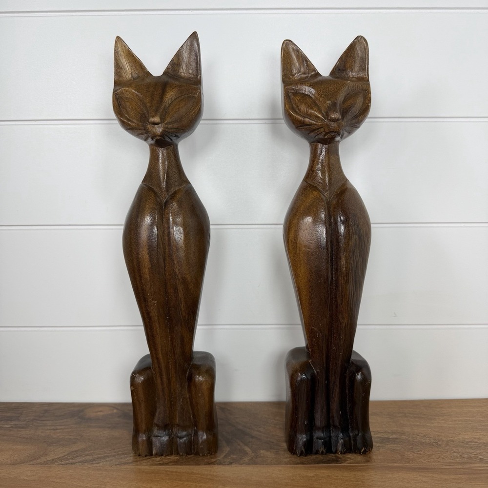 MCM Tiki Style Siamese Cat Set Of 2 Wood Figurine Handcarved 14" 1970 Vintage